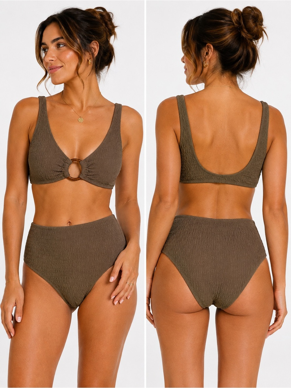 NWOT Ring-Detail Textured Bikini Set Olive Taupe New Without Tags Size Small